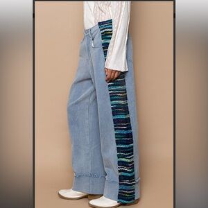 POL relaxed fit jeans with contrast pattern on side.